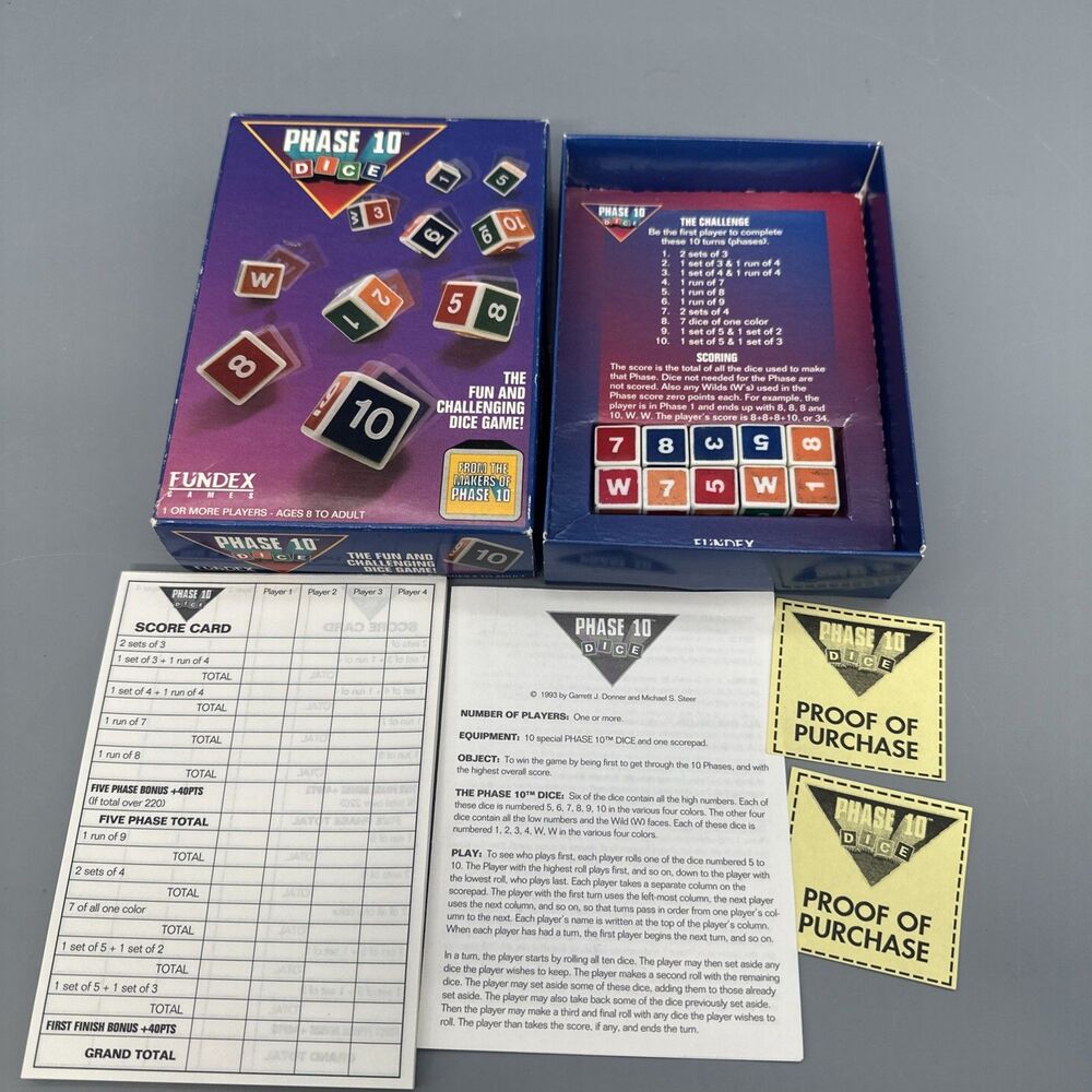 Phase 10 Dice Game Complete Fun Challenging Vintage 1993 Fundex Complete